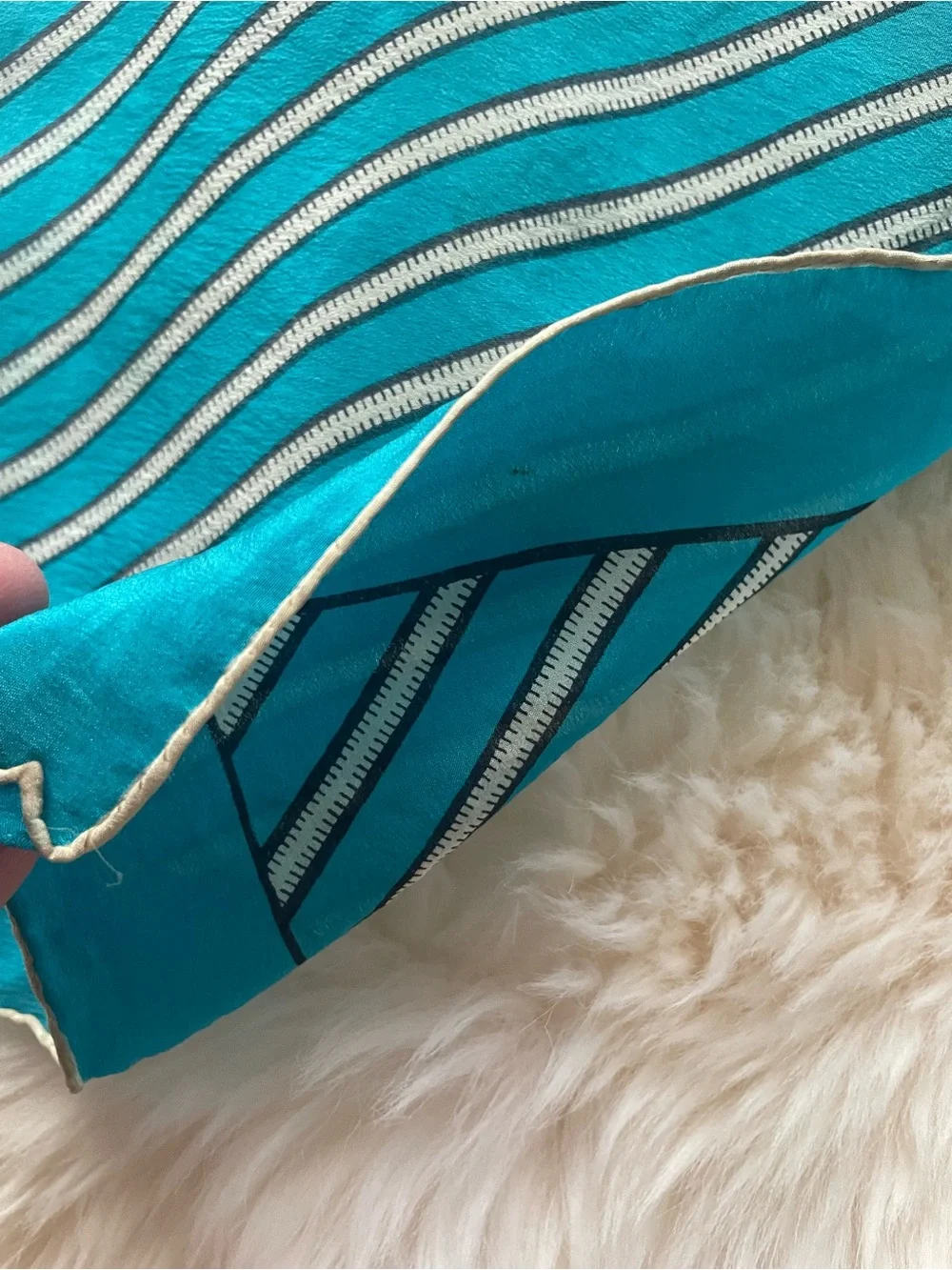 Vintage Square Silk Scarf Neckerchief Teal Blue Geometric Stripe Pattern